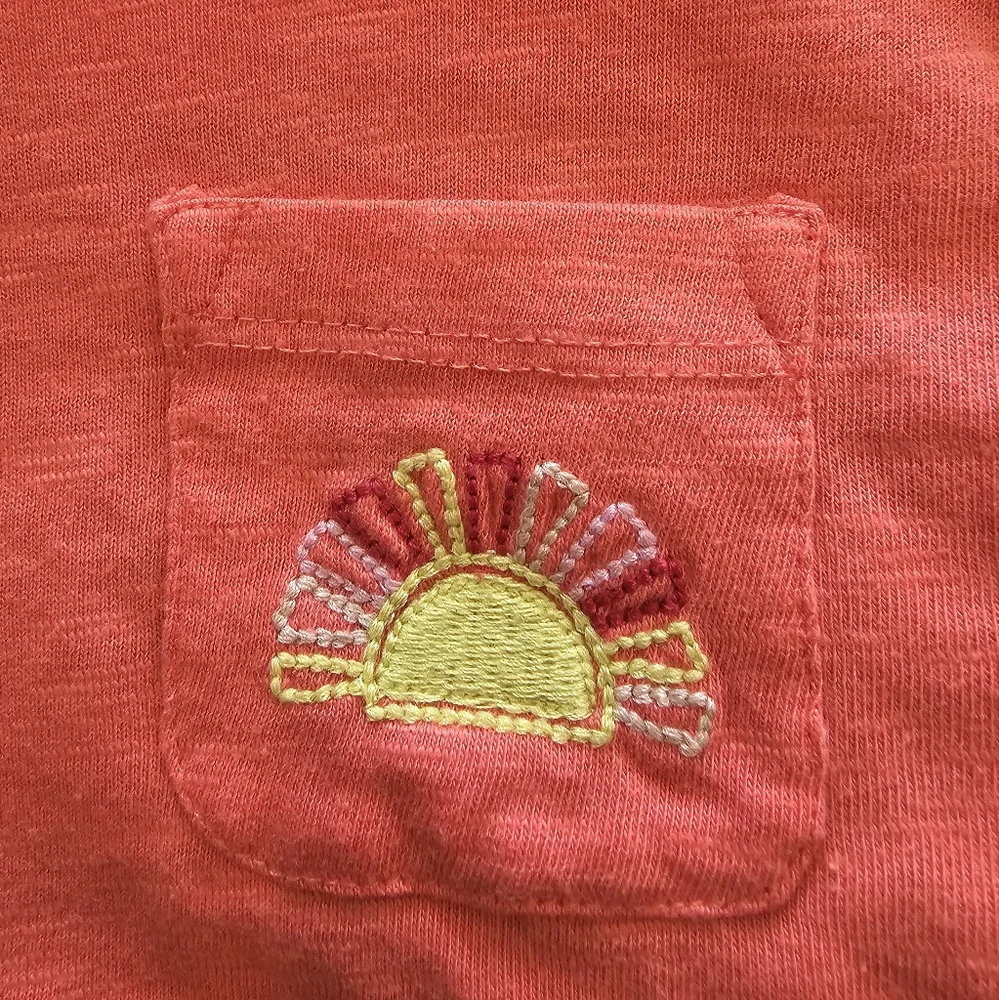 xs 5/6 Eddie Bauer orange red tshirt cuffed sleeves chest pocket embroidered sun